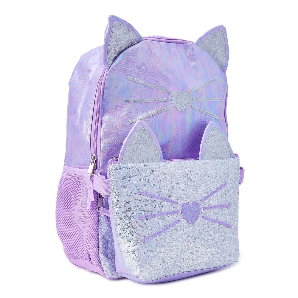 Wonder Nation Girls 17" Laptop Backpack Lunch Bag 2-Piece Set, Purple Kitty Cat